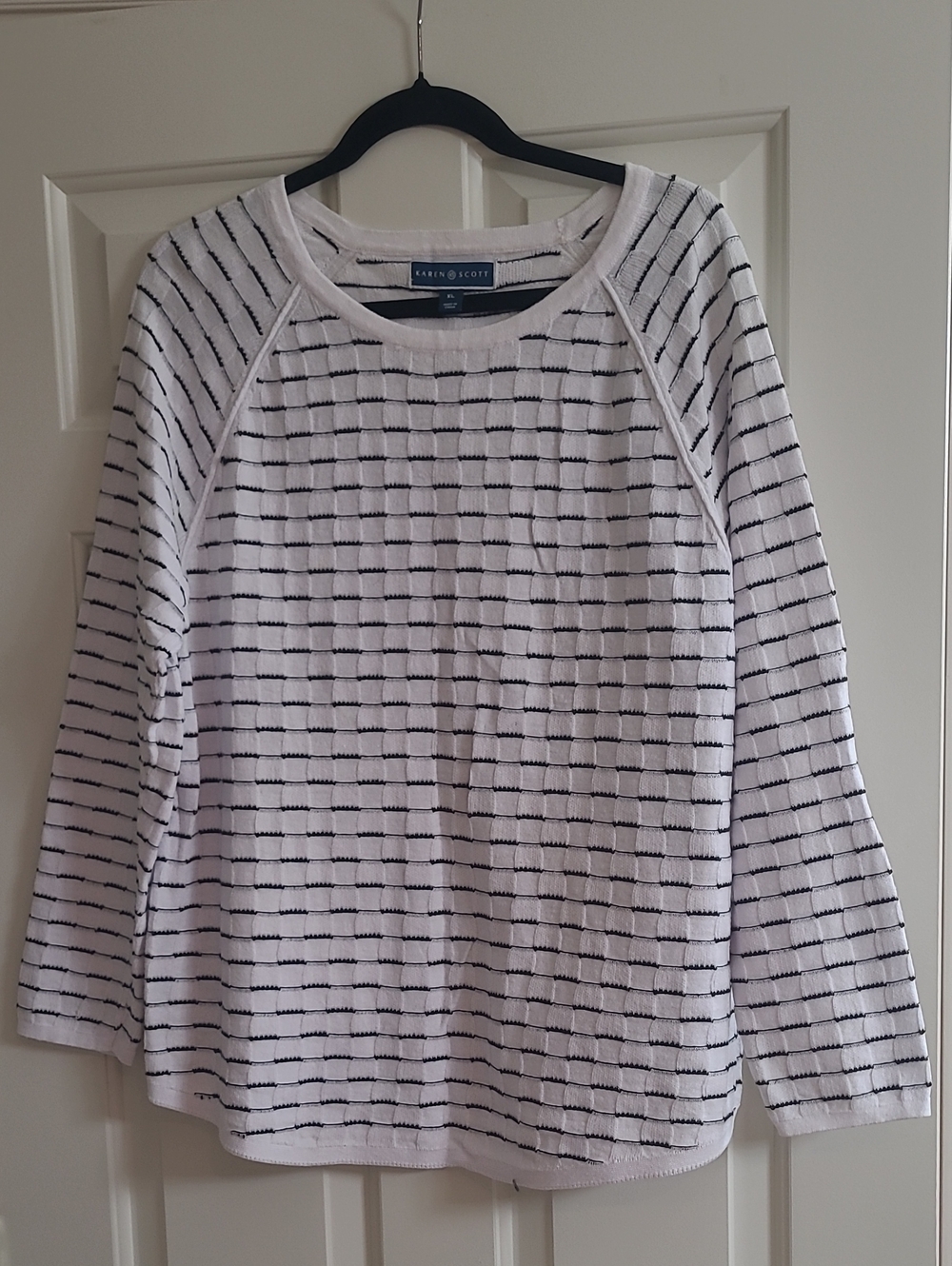 Karen Scott White Crewneck Sweater with Black Grid Stripes